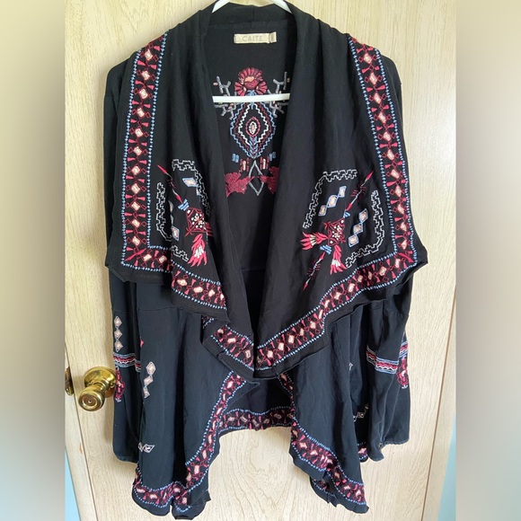 CAITE Intricate Embroidery Waterfall Open Cardigan Tribal...